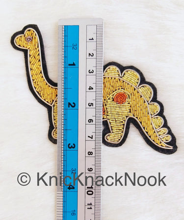Hand Embroidered Dinosaur Applique In Gold, Yellow And Copper Zardozi Threadwork, Animal Motif